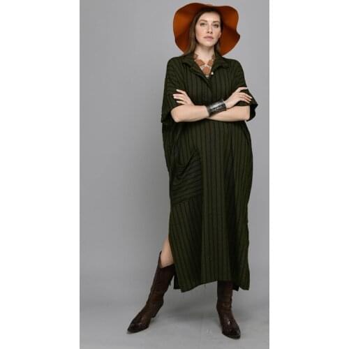 One Pocket Striped Khaki Green Color Shirt Collar Long Dress 2021 New Fashion Womens Clothing With Plus Size Options Xs-5xl