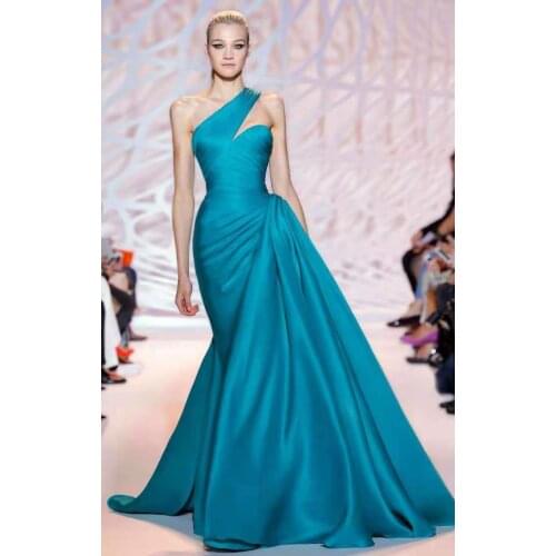 Elegant Long Blue One Shoulder Celebrity Dresses Mermaid Robe De Soiree Floor Length Pleated Corset Back Formal Gowns for Women