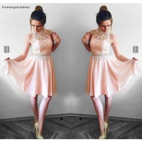 2019 Short Homecoming Dress Blush Pink A Line Halter Juniors Sweet 15 Graduation Cocktail Party Dress Plus Size Custom Made