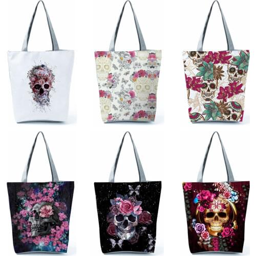 Cool Style Polyester Handbag Halloween Gift Tote Female Fashion Shoulder Bag Skull Floral Pattern Travel Bag New Trend Women Bag