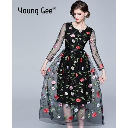 Young Gee Fashion Runway Dress Women Long Sleeve Vintage Lace Rose Flower Embroidery Mesh Party Slim Black Christmas Dresses