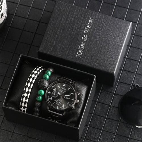 Keller & Weber Mens Watch Set Birthday Present Fashion Quartz Wristwatch Lava Beaded Leather Bracelet Timepiece Gift Box Male