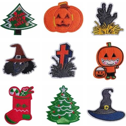 Christmas Tree Pumpkin Skulls Halloween Patch Iron Sewing Applique Shoes Bags Stickers Badge DIY Patch for Jeans Jackets