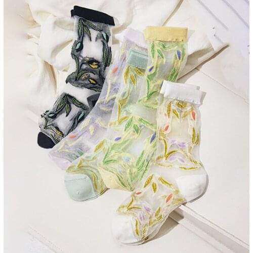 Summer Creative Crystal Silk Tide Socks New Fashion Women Harajuku High Quality Korean Flowers And Plants Glass Silk Sock
