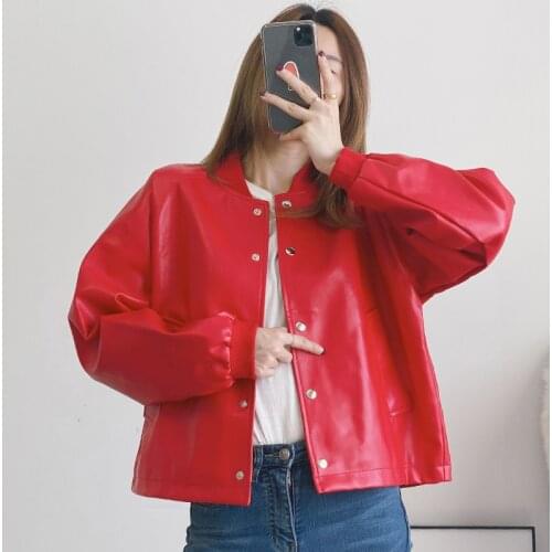 Autumn Women Pu Leather Jacket Casual Female Long Sleeve Black Red Coat For Girls Streetwear Faux Leather Jacket Outerwear