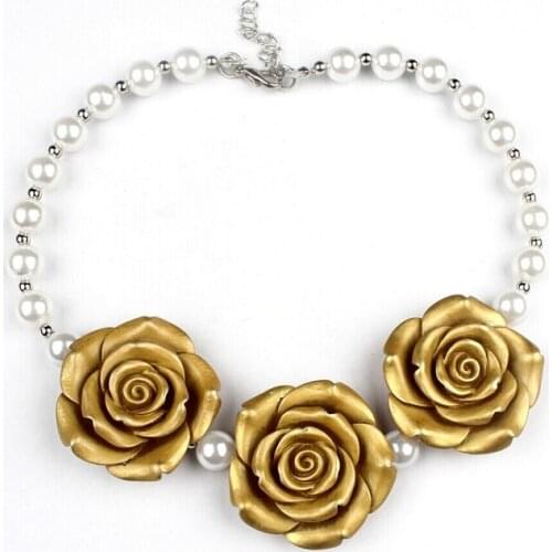 Girls DIY Dress Up Apparel Accessories 42mm Resin Pink Gold Rose Flower Necklace Women Kids 8mm Pearl Necklace Birthday Gifts