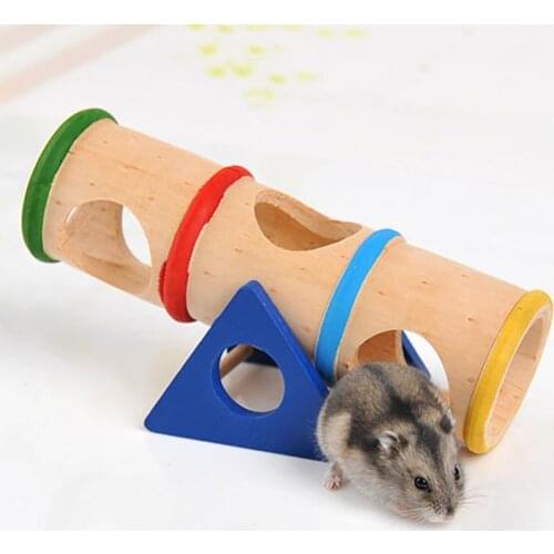 Durable Wooden Hamster Pet Seesaw Barrel Tube Tunnel Cage House Hide Play Climing Toy Log Yellow Long Barrel Porous Tunnel Toy
