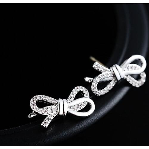 Delicate Silver Color Bow Tie Cubic Zirconia Earrings Crystal Geometric Bowknot Shape Stud Earrings For Women Fashion Korean