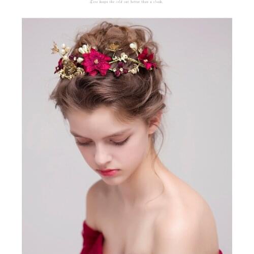 Bridal Wedding Hair Accessories Gold Butterfly Hairband Tiara Crown Red Rose Flower Pearls Hair Piece Jewelry For Women Headband