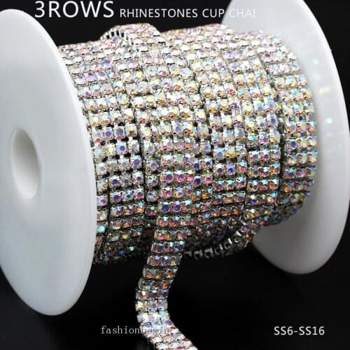 3-Rows ss6 ss8 ss12 ss16 Wedding Bridal Rhinestone silver close cup Chain Crystal AB Ribbon Sparkle Diamante Gem sewing on Trim