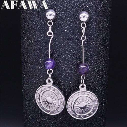 Witchcraft Sun Moon Stars Purple Crystal Stainless Steel Earrings Women Silver Color Charm Stud Earrings Jewelry aretes EXS02