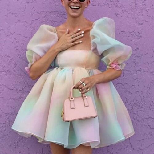 2021 Tie dye Y2k Dress women summer Puff sleeve Pink Dress Party beach Sexy boho dress vintage harajuku rainbow Holiday clothing