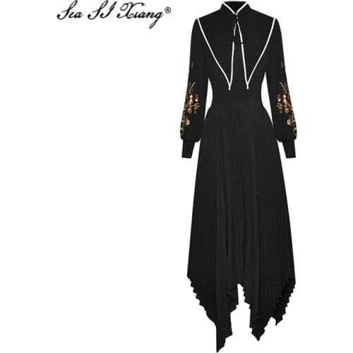 Seasixiang Fashion Designer Spring Dress Women Stand Collar Lantern Sleeve Sequined Asymmetrical Pleated Dresses 2021 New