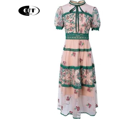 High Quality Designer Party Evening Midi-long Dress Summer Women Short Sleeve Ruffles Embroidery Lace Up Elegant Dresses Vestido