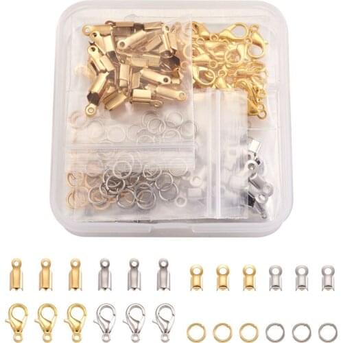 1 Box 304 Stainless Steel Folding Crimp Ends Jump Rings Zinc Alloy Lobster Claw Clasps Fit 3.5/3/2.5mm Cords For Jewelry Making