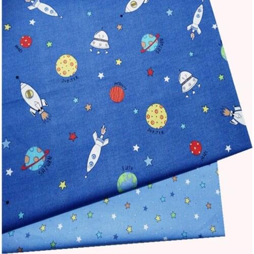 160cm Width Navy Blue Cartoon Universe Space Travel Rocket & Colorful Fivestar Printed Cotton Fabric For DIY Sewing Bedding Clot