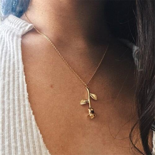2019 Rose Gold Color Necklace Long Chain Rose Flower Pendant Choker Women Steampunk Statement Jewelry Wholesale Necklaces Gift