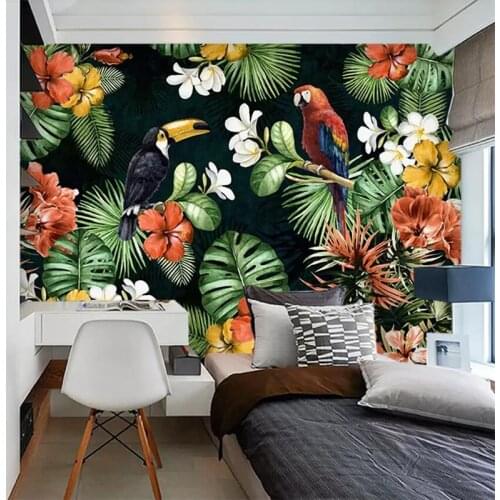 Beibehang Custom wallpaper 3d photo mural hand drawn parrot tropical rainforest tropical plant cartoon TV background wall paper
