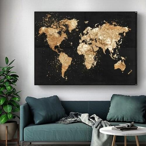 Abstract Golden Canvas Painting World Map Posters on Large Size Retro Wall Art for Living Room Bedroom Unframed