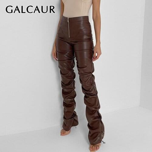 GALCAUR Black PU Leather Straight Pants For Women High Waist Minimalist Solid Skinny Solid Trousers Female 2021 Fashion Clothing