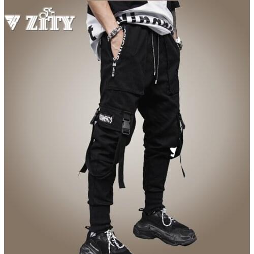 Hip Hop Streetwear Men Black Harem Pants Multi-Pocket Ribbons Cargo Casual Pants Male Jogger Trousers Sweatpants For Men Clothes