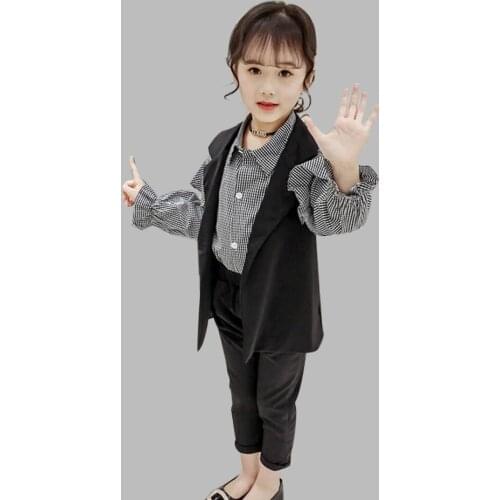 Kids Clothes Girls Blazers Vest & Pant & Blouses Suit For Girls Plaid Shirt Outfit For Girls Autumn Childrens Formal Clothes