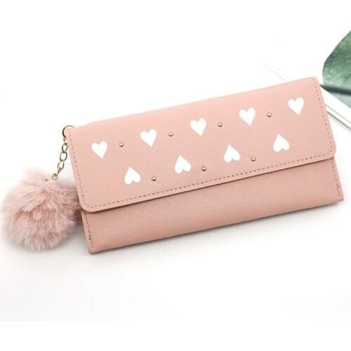 Design Ladies Long Wallet Heart Print Pompom Pendant Many Departments Female Clutch Purse Zipper Phone Pocket Card Holder