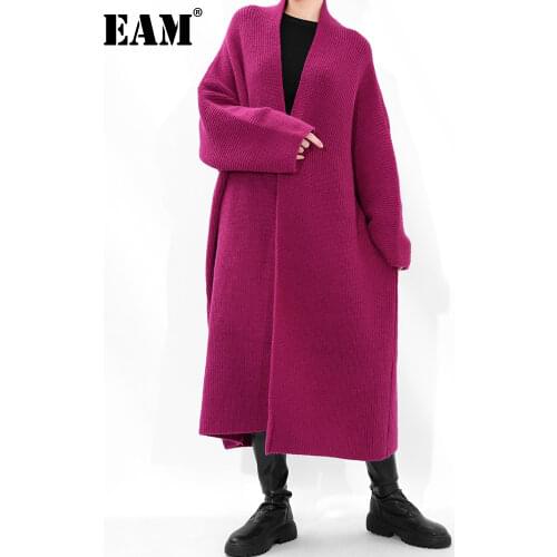 [EAM] Big Size Long Purple Knitting Cardigan Sweater Loose Fit V-Neck Long Sleeve Women New Fashion Autumn Winter 2021 1DD186214