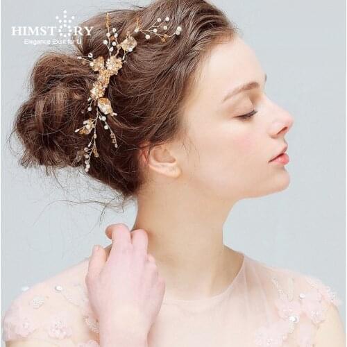 Handmade Gold Flower Leaf Crystal Hair Comb Pearls Wedding Hair Vine Headband Bridal Headpiece Hair accessories Bride Jewelry
