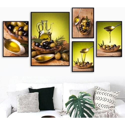 Kitchen Poster Olive Oil and Spoon Food Canvas Painting Pictures for Living Room Dinning Room Restaurant Wall Interior Decor Art