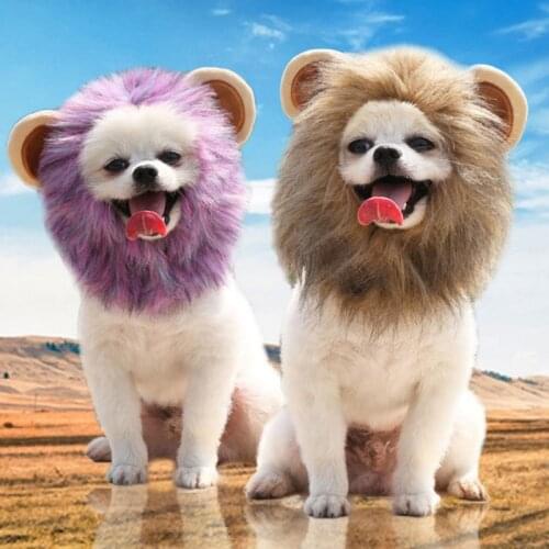 Cat Dog Cosplay Lion Mane Wig Christmas Dog Wig Hair with Ears Funny Hat Purple Brown