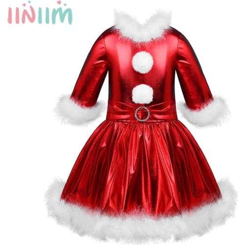Red Christmas Dress For Girls Shiny Metallic Long Sleeves Jazz Dance Costume Figure Ice Skating Dress Little Girls Dresses 2020