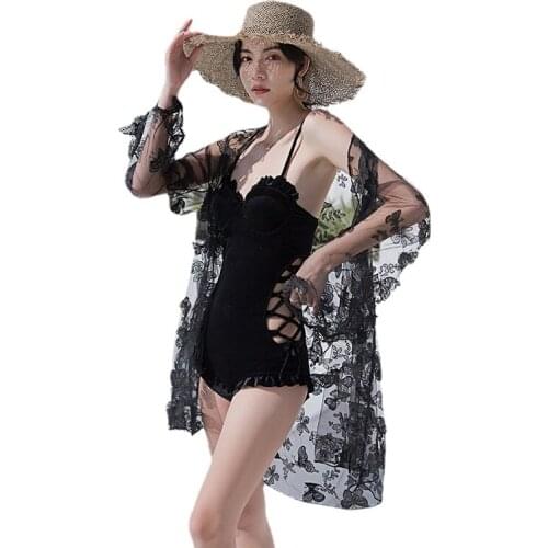 Swimsuit girl belly show thin hot spring new sexy fairy model long-sleeved hoodie hollow strappy jumpsuit