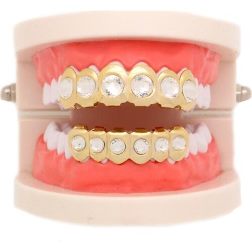 LuReen Hip Hop Bling Big CZ Micro Pave Teeth Grillz Top Bottom Gold Silver Color Grills Set Tooth Caps Fashion Jewelry