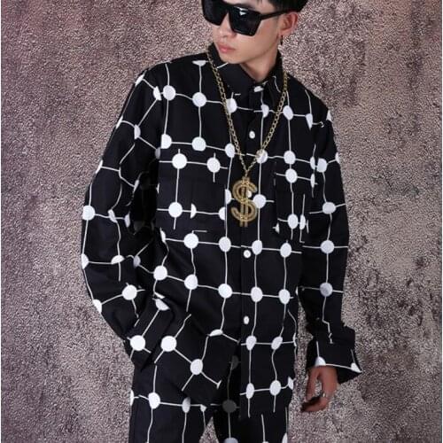 Fashion shirt men long sleeve shirt teenage korean Dot loose Hip hop Net red shirt mens personality stage singer dance b626