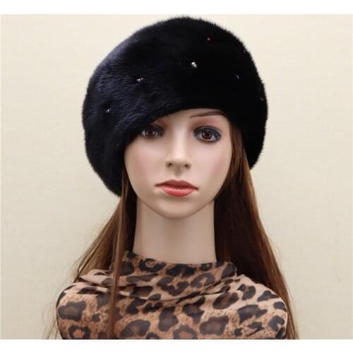 New product whole skin mink starry beret hat whole mink imported leather flashing diamond beret Korean winter warmth