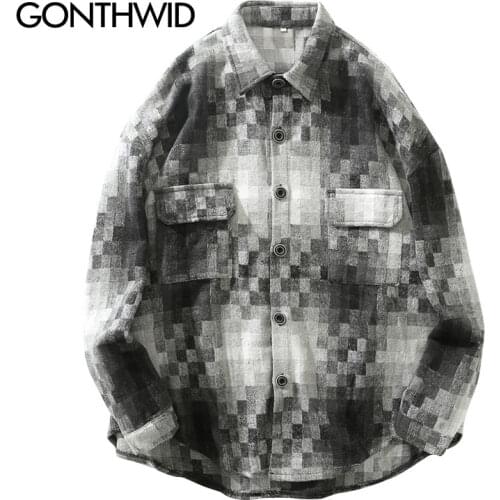 GONTHWID Mosaic Pattern Long Sleeve Plaid Shirts Mens Hip Hop Casual Dress Shirts Coat Harajuku Fashion Streetwear Shirt Tops