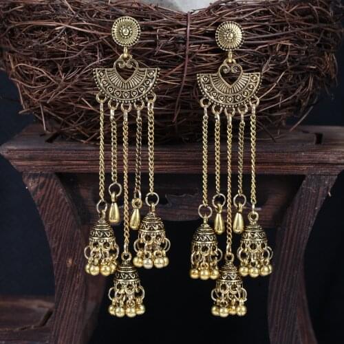 Egypt Geometric Bells Long Tassel Drop Indian Earrings Jhumka Silver Color Afghan Ethnic Turkish Jewelry Earring For Women