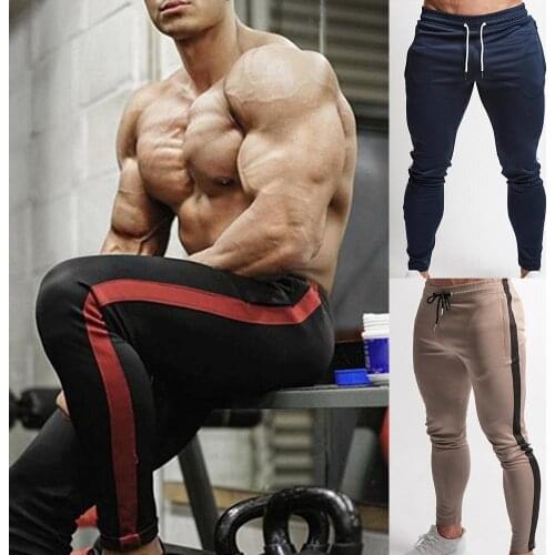 Side Striped Men Jogger Fitness Pants Drawstring Skinny Sweatpants Long Trousers slim pants fashion exercise pants