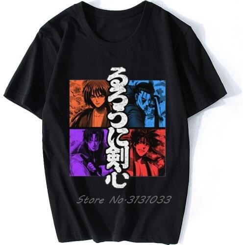 Vintage Rurouni Kenshin T Shirt Men Cotton Awesome Short Sleeve Samurai X T-shirt Anime Manga Himura Kenshin Meiji Swordsman Tee