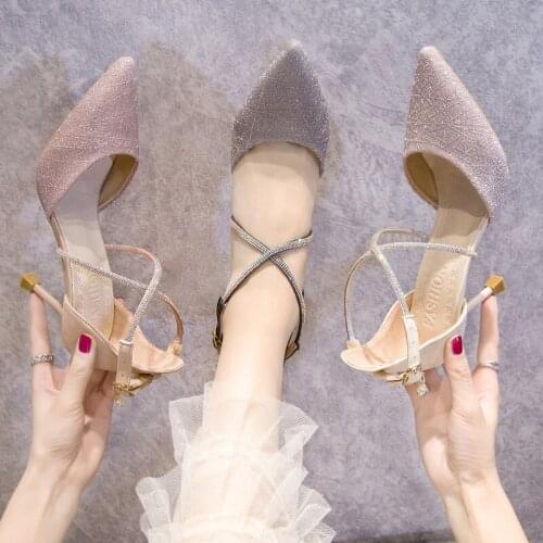 2021 new temperament light color pointed sequin single shoes with dress high heels feminine fairy style thin heels and sandals