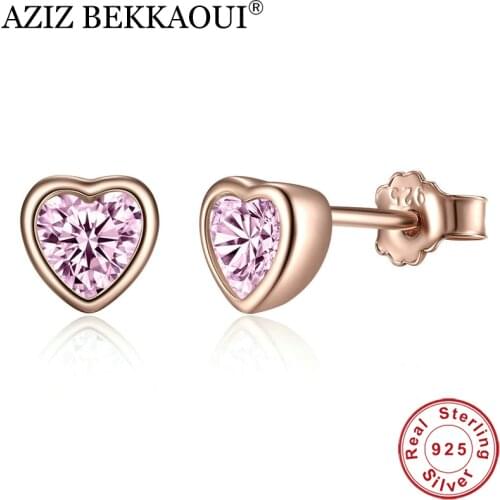 AZIZ BEKKAOUI Authentic 925 Sterling Silver Romantic Pink Heart CZ Stud Earrings for Women Dazzling Sterling Silver Jewelry Gift