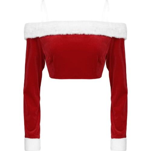 Women Velvet Christmas Halloween Costume Fancy Party Tops Sexy Santa Claus Outfits Suit Boat Neck Bare Adjustable Shoulder Strap