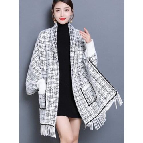 One size Women sweater Spring Autumn Thick Cape women Plaid faux mink Coat Elegant women loose knitted cardigan women