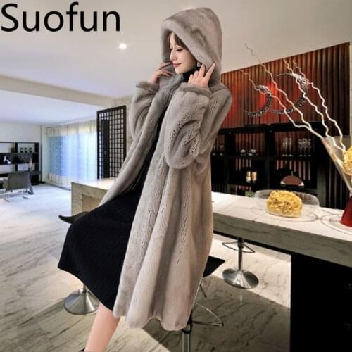 Suofun Full Large Size Long Thick Winter 2021 Fashion New Mink Coat Womens Over The Knee Female Medium Winter Warm Fur Coats
