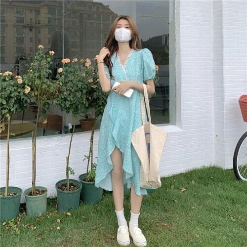 French Split Irregular Floral V-neck Short-sleeved Dress Women Summer New Mid-length Dress