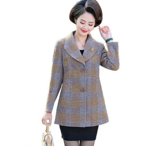 2020 New Wool Coat Womens Blend Woolen Coats Spring Autumn Winter Jacket Suit Collar Single-breasted Plaid Coat Plus Size 5XL