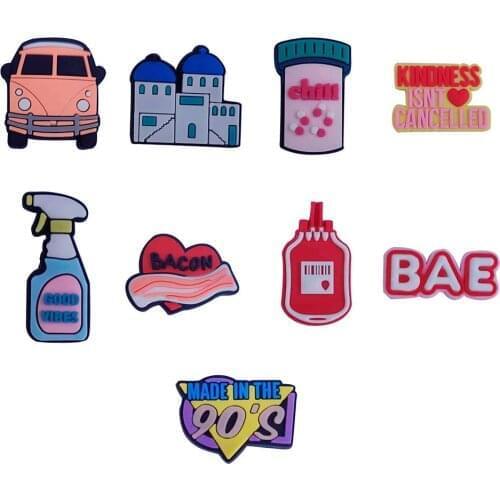 8PCS PVC Cartoon Fridge Magnetic Sticker Good Vibes Cars House Medicine Heart Bacon Heart Ketchup BAE Refrigerator Magnets Kid