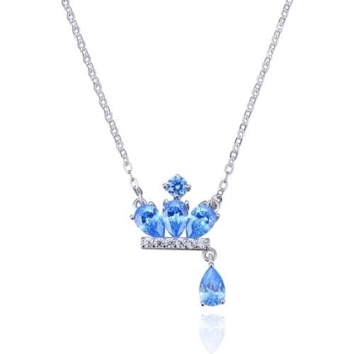 Noble Women Crown Necklace Pendan Pure 925 Sterling Silver Clavicle Necklace Blue Zircon Chain Necklace Chain Jewelry Accessory