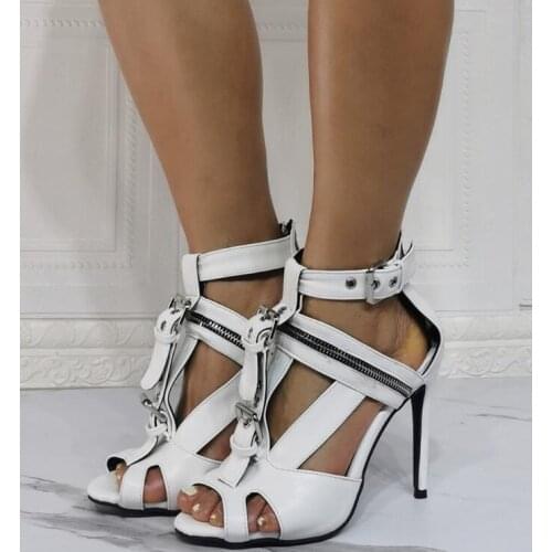 Fashion White Black Zipper Decor Strap Ankle Metal Buckle Sandals Thin High Heel Women Peep Toe Gladiator Shoes Party Heels